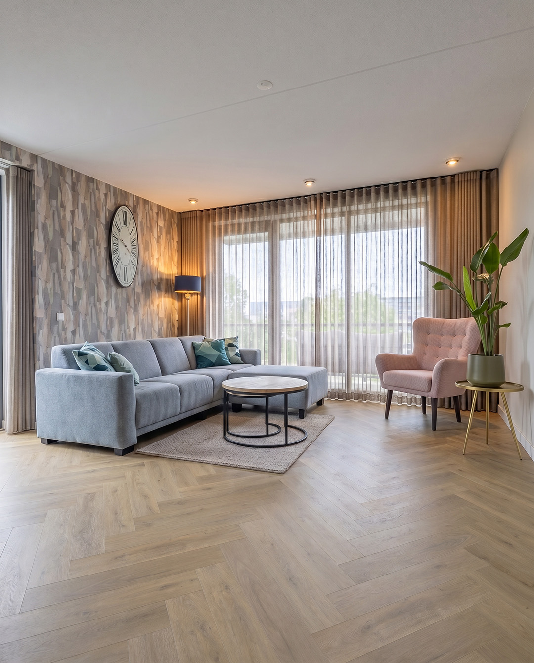 living room, sofa, coffee table, armchair, curtains