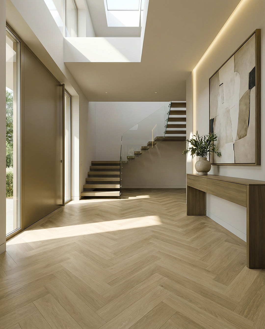 houten vloer, interieur, trappenhuis, glazen balustrade, kunst aan de muur