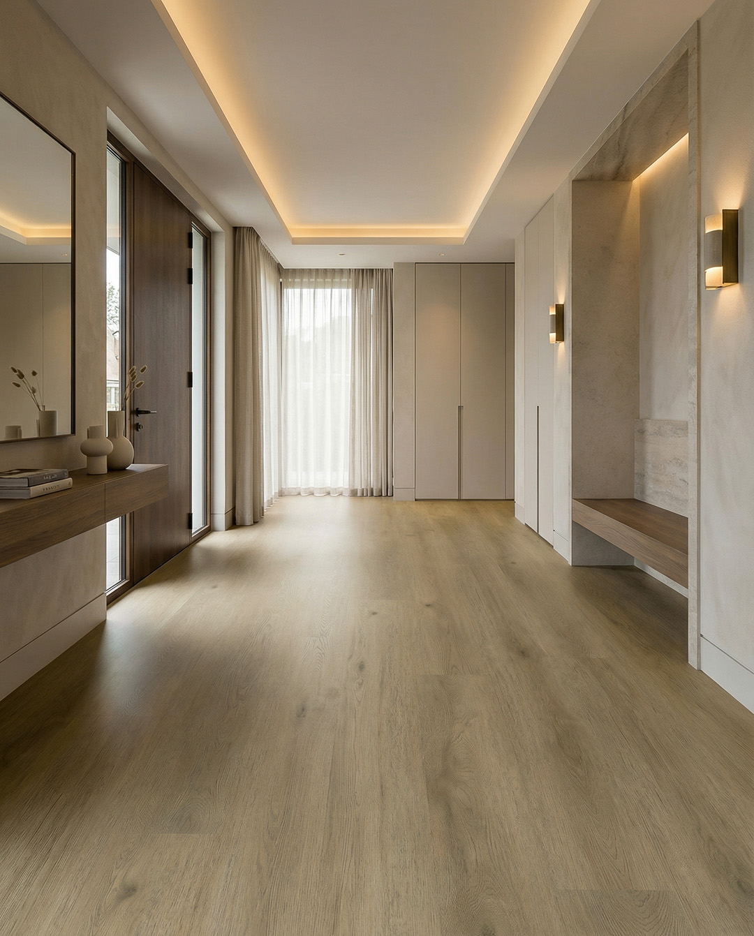 houten vloer, woonkamer, rakwerk, inbouwkast, wandlamp