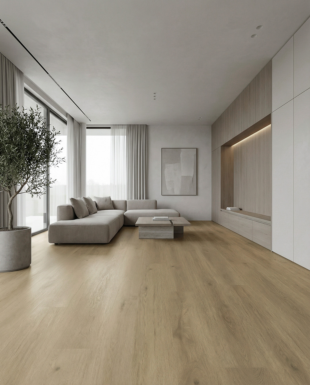  woonkamer, bank, eethoek, laminaatvloer, planten