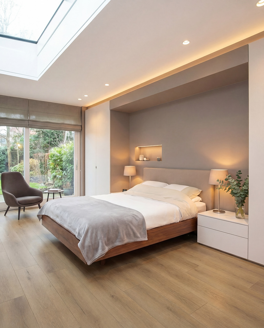 bed, king size, wooden bed, neutral colors, nightstands