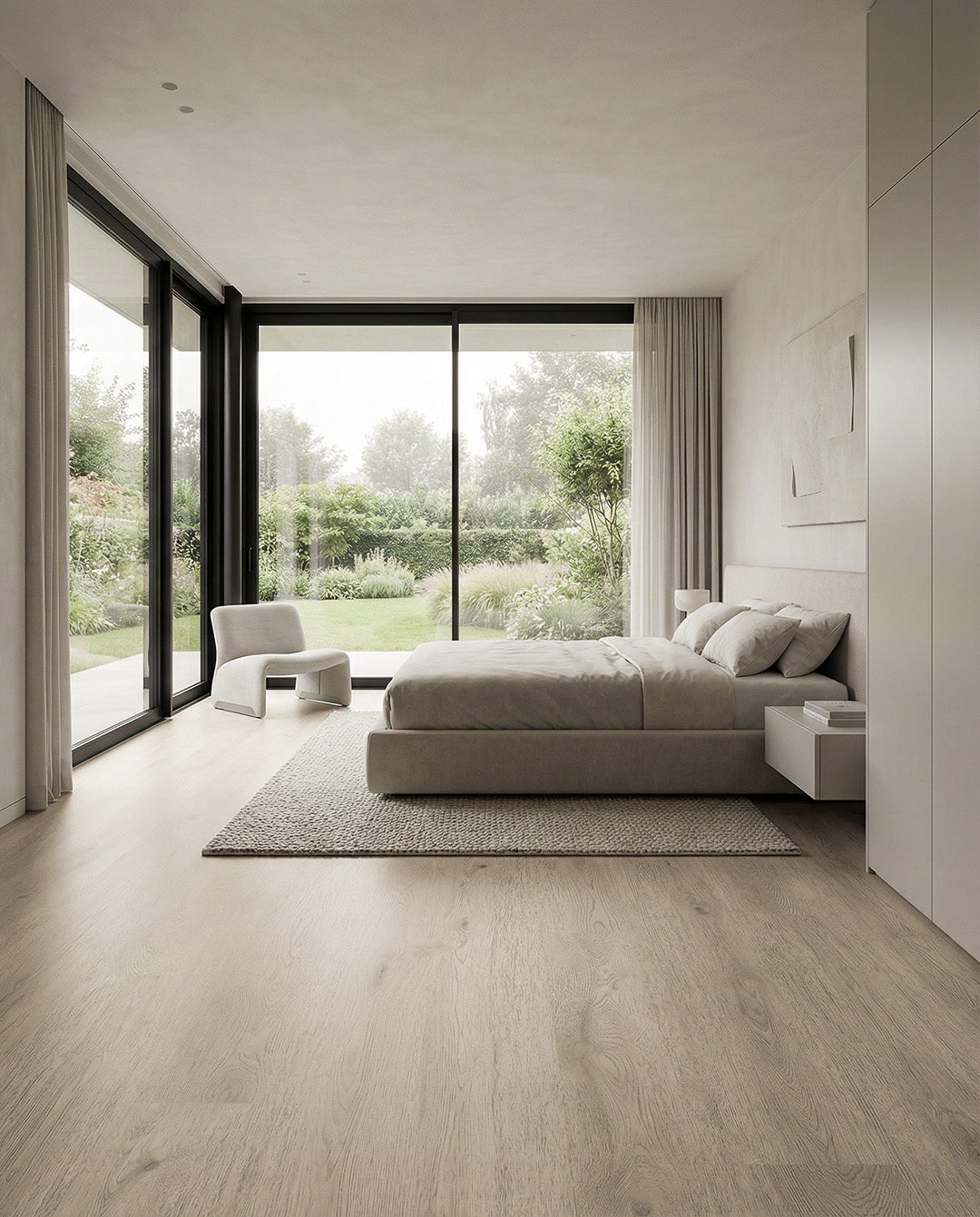 bed, kamer, neutraal, groot raam, vloerkleed