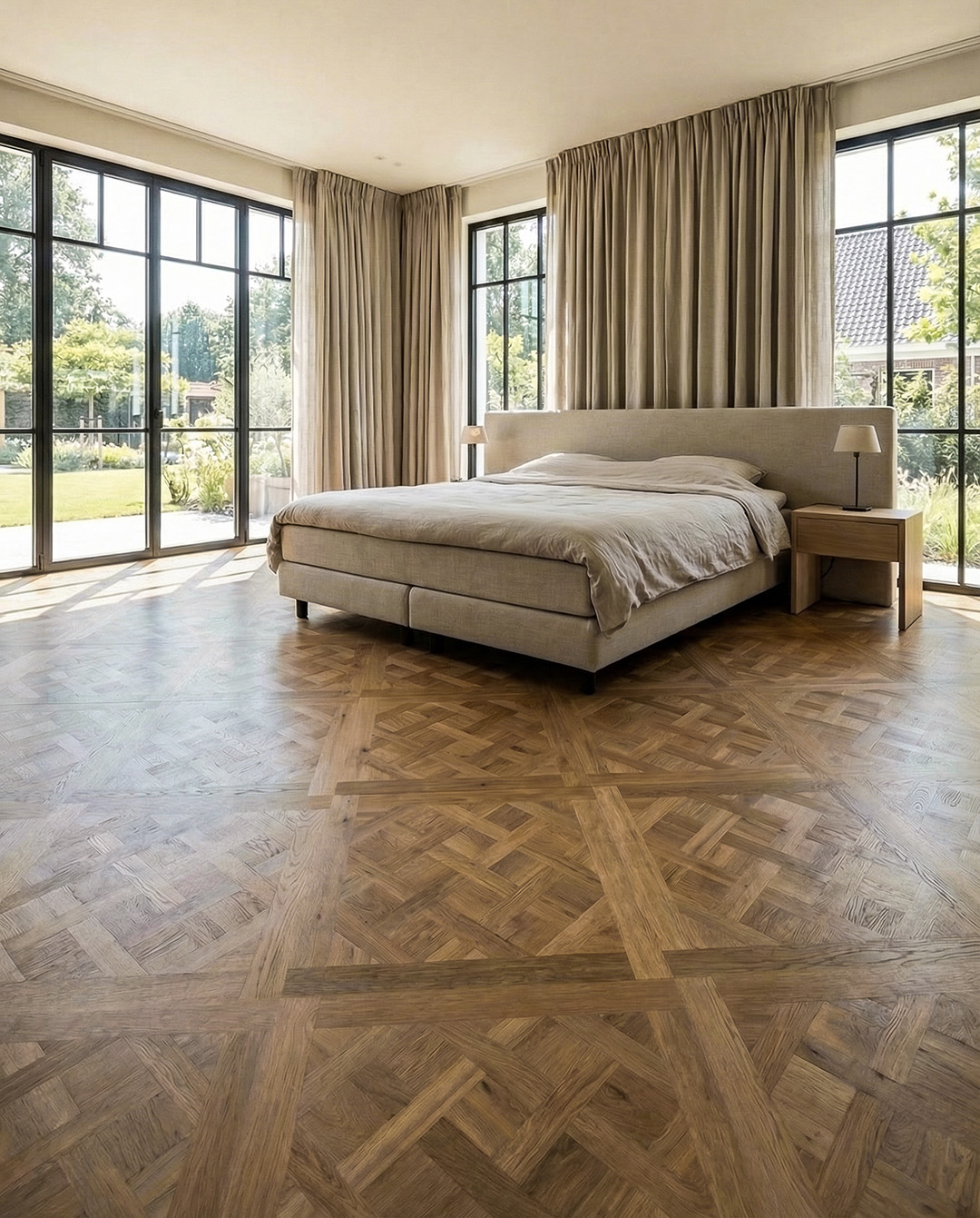 bed, kamer, houten vloer, gordijnen, luxe