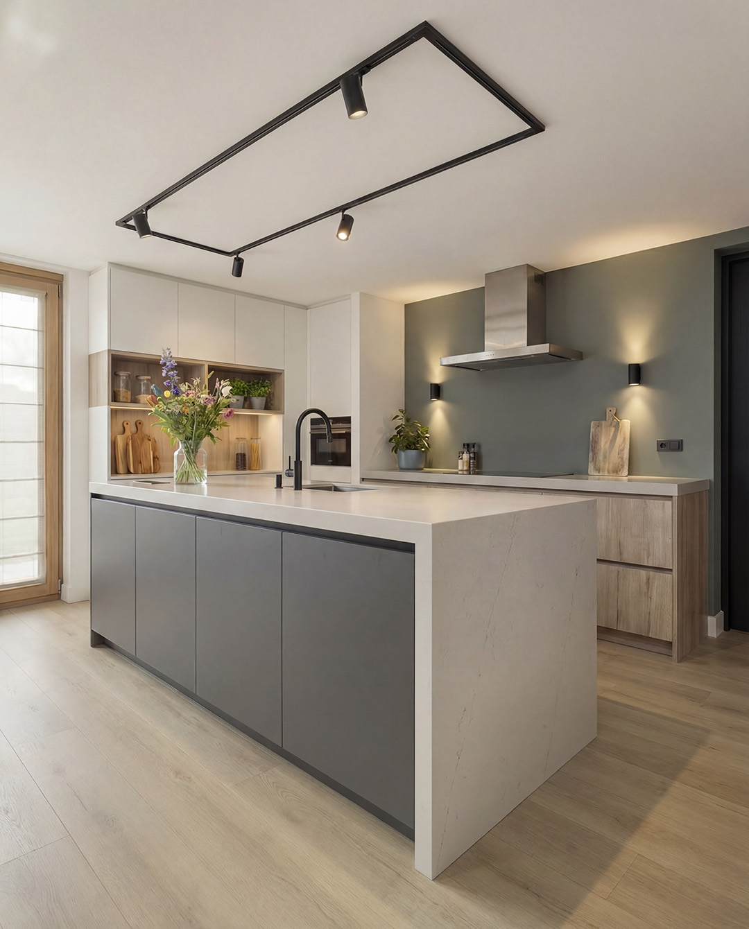 keuken-eiland, keuken-kachel, antraciet, groot-werkblad, moderne-interieur