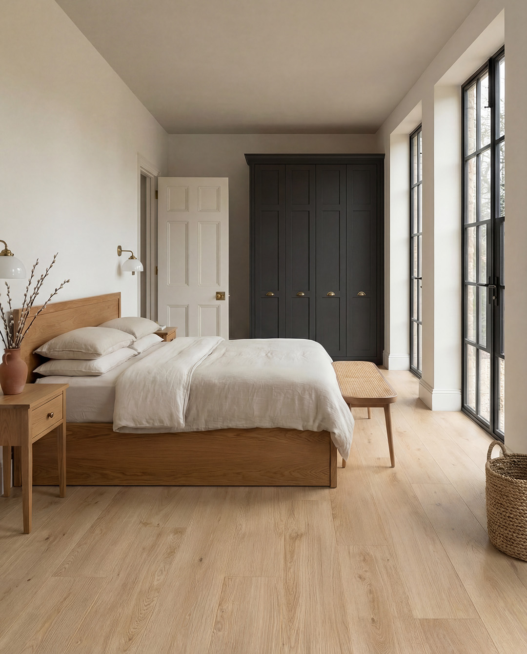 bed, houten bed, linnen, nachtkastje, kledingkast