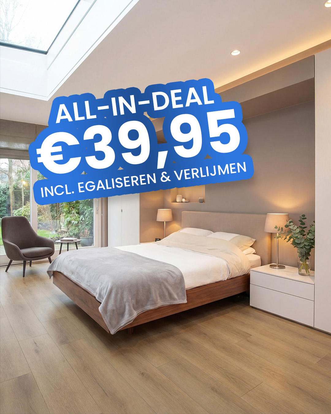 bed, bedroom, laminate flooring, nightstands, lamps