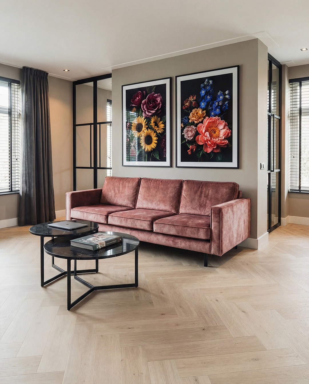 sofa, velvet, roze, salon, tafelset