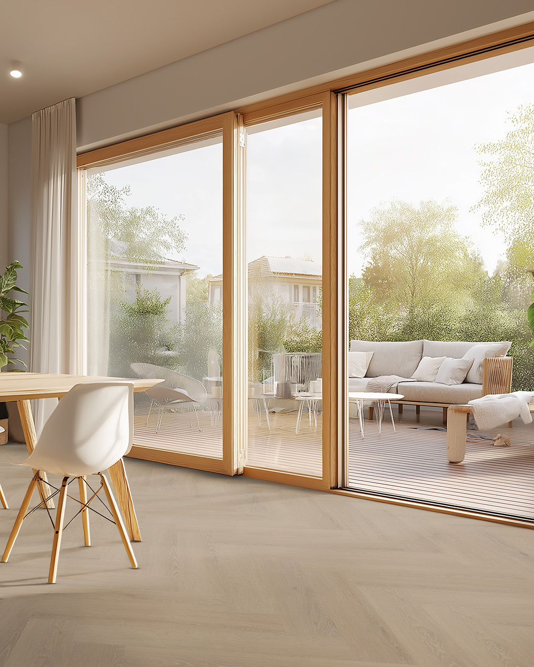 grote ramen, vanoorzicht, huiskamer, houtkleur, tuinbank|zitgedeelte