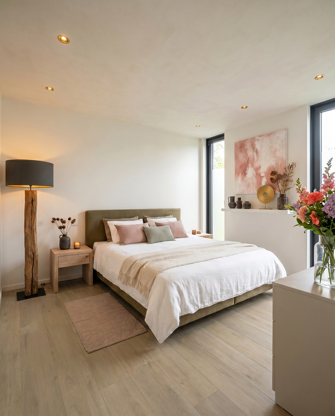 slaapkamer, bed, kalmerende kleuren, kleding, planten