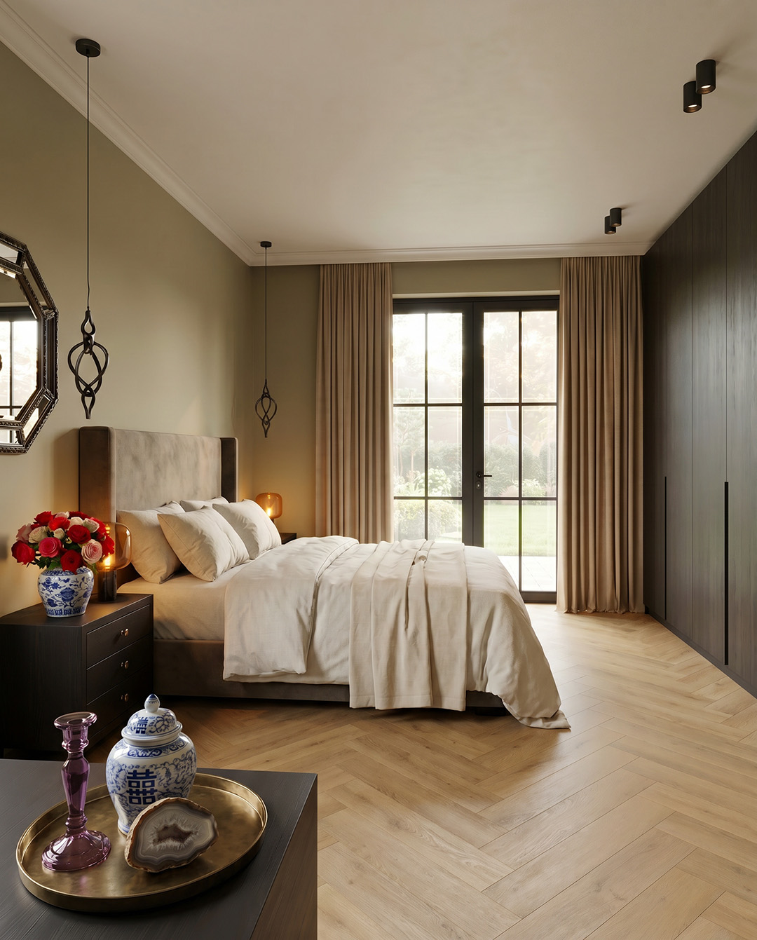 slaapkamer, bed, bedkamer, gordijn, houten vloer