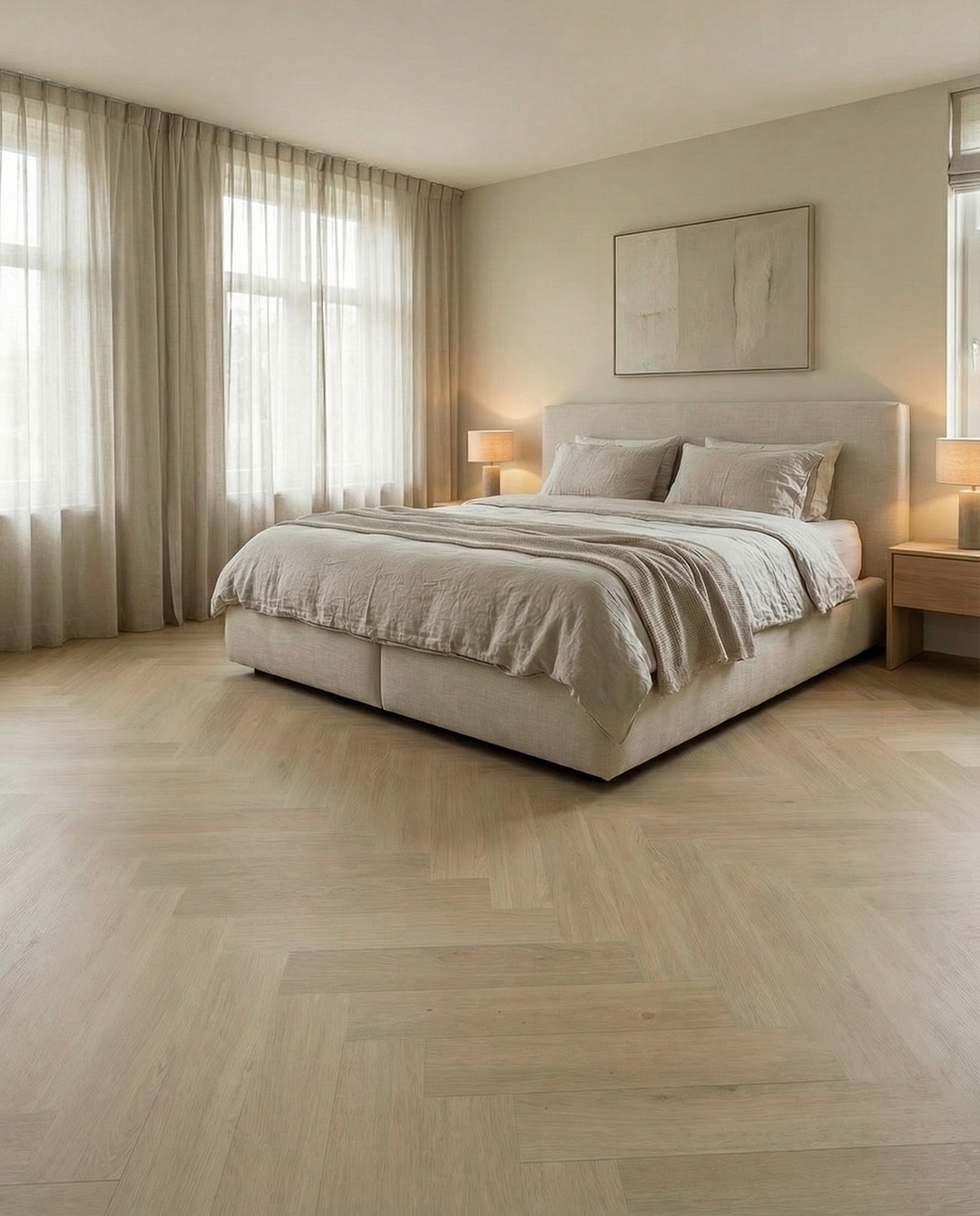 bed, slaapkamer, neutraal, lampen, houten-vloer