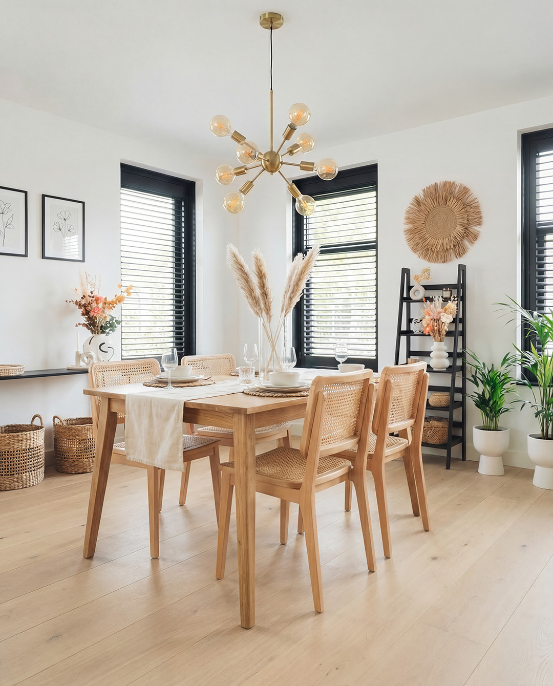 dinertafel, houten tafel, zesp chrom?, natuurlijke kleur, moderne kroonluchter