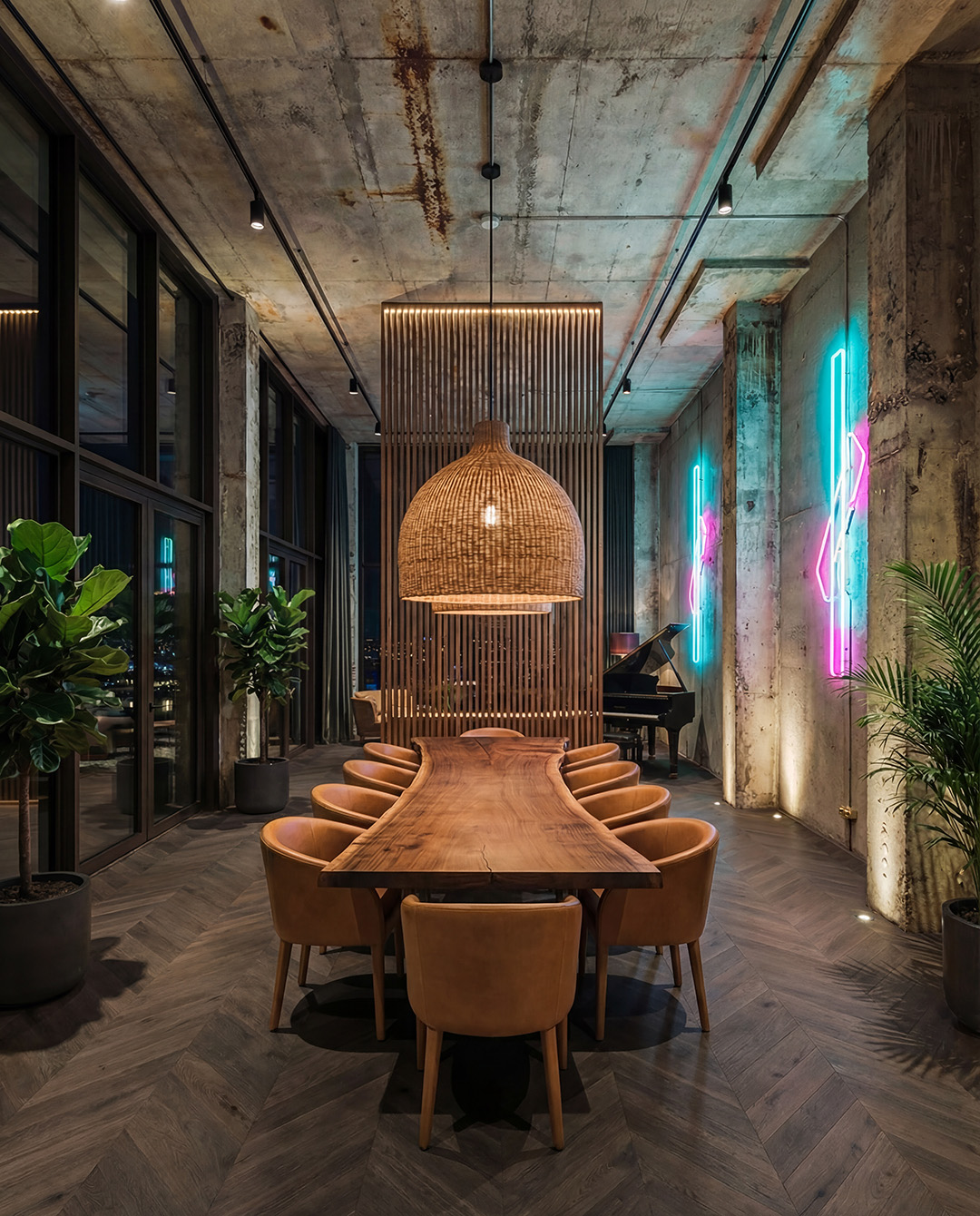 eettafel, houten tafel, stoelen, interieur, neon verlichting