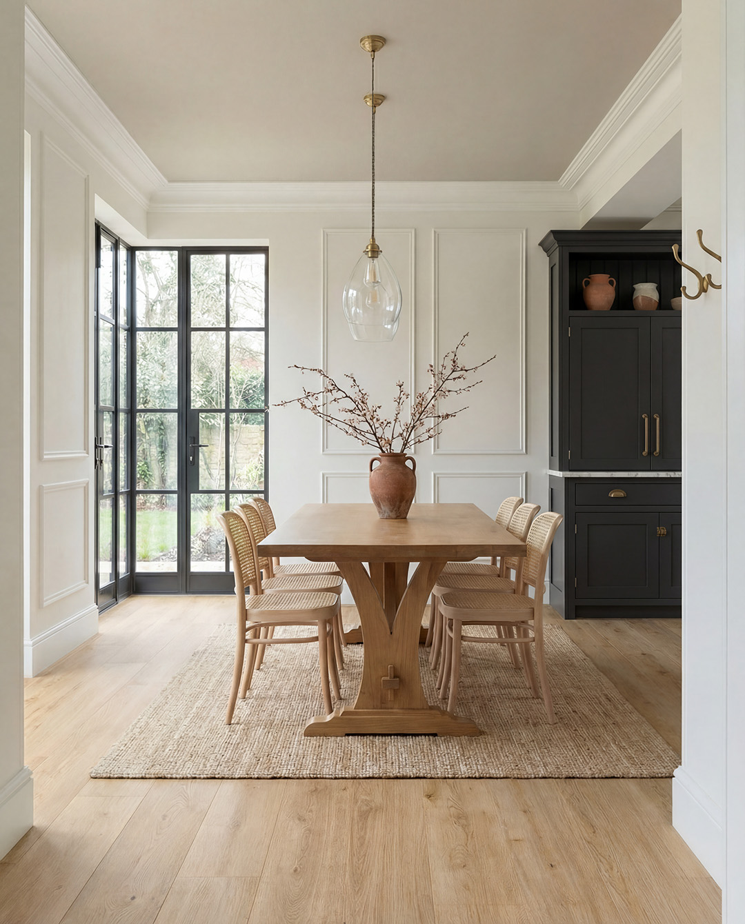 eettafel, houten tafel, kantoorruimtes, ramen met glas, decoratieve vaas