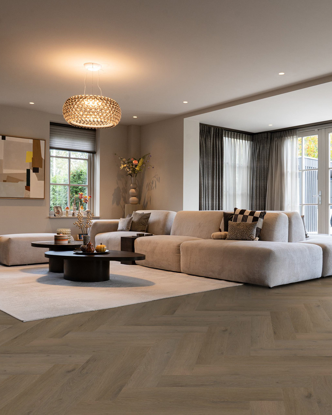 sofa, woonkamer, salontafel, parketvloer, lamp
