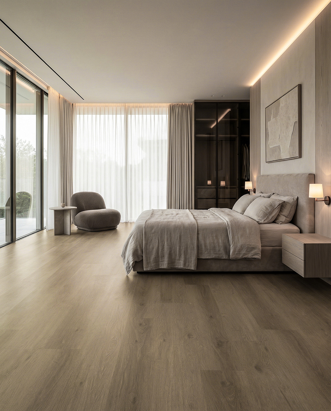 bed, kamer, laminaat, grijs, woonkamer