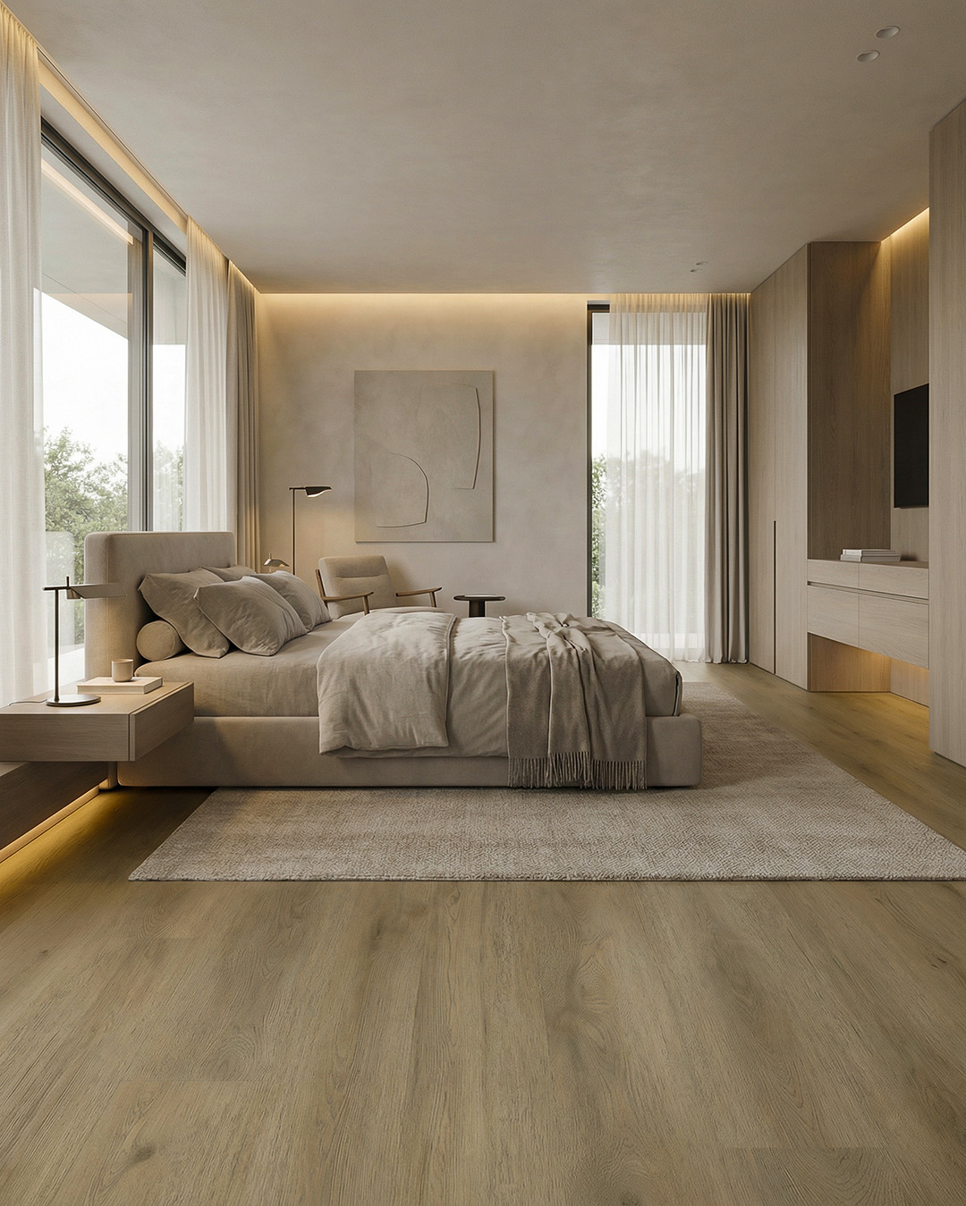 bed, slaapkamer, neutrale tinten, lampen, vloerkleed