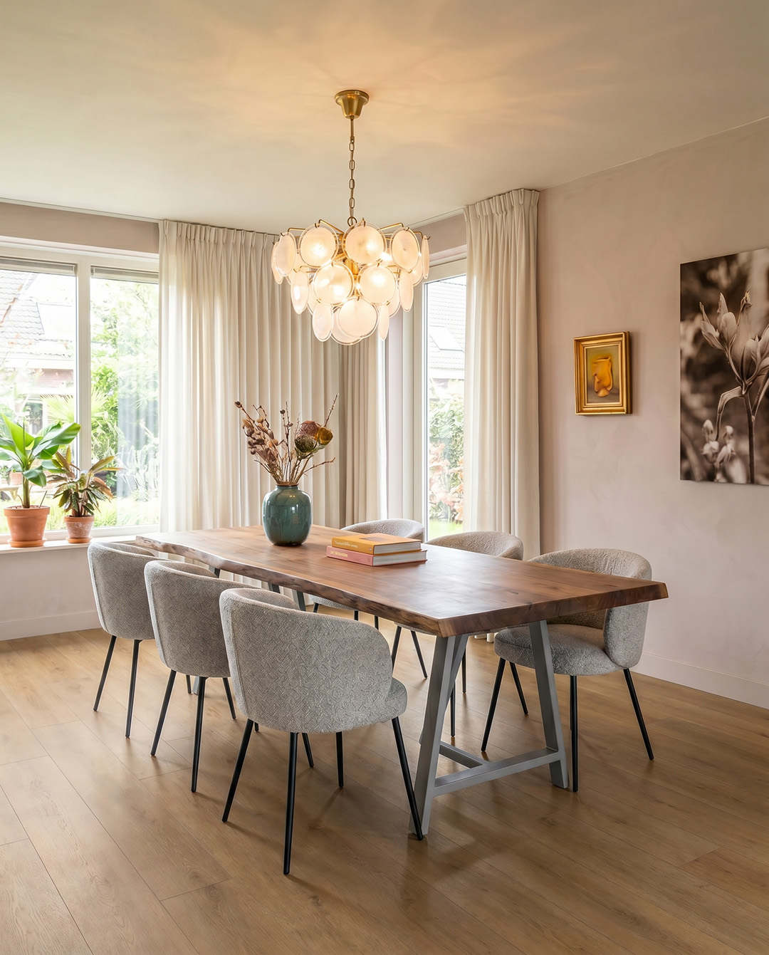 eettafel, houten tafel, oppervlakte hout, hanglamp, klinkende stoelen