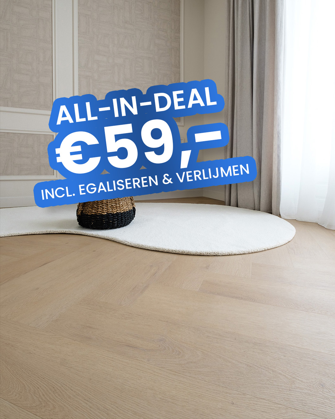 laminate vloer, houten vloer, kamerscherm vrijstaand, ronde vloerkleed, opslagvat (mand)