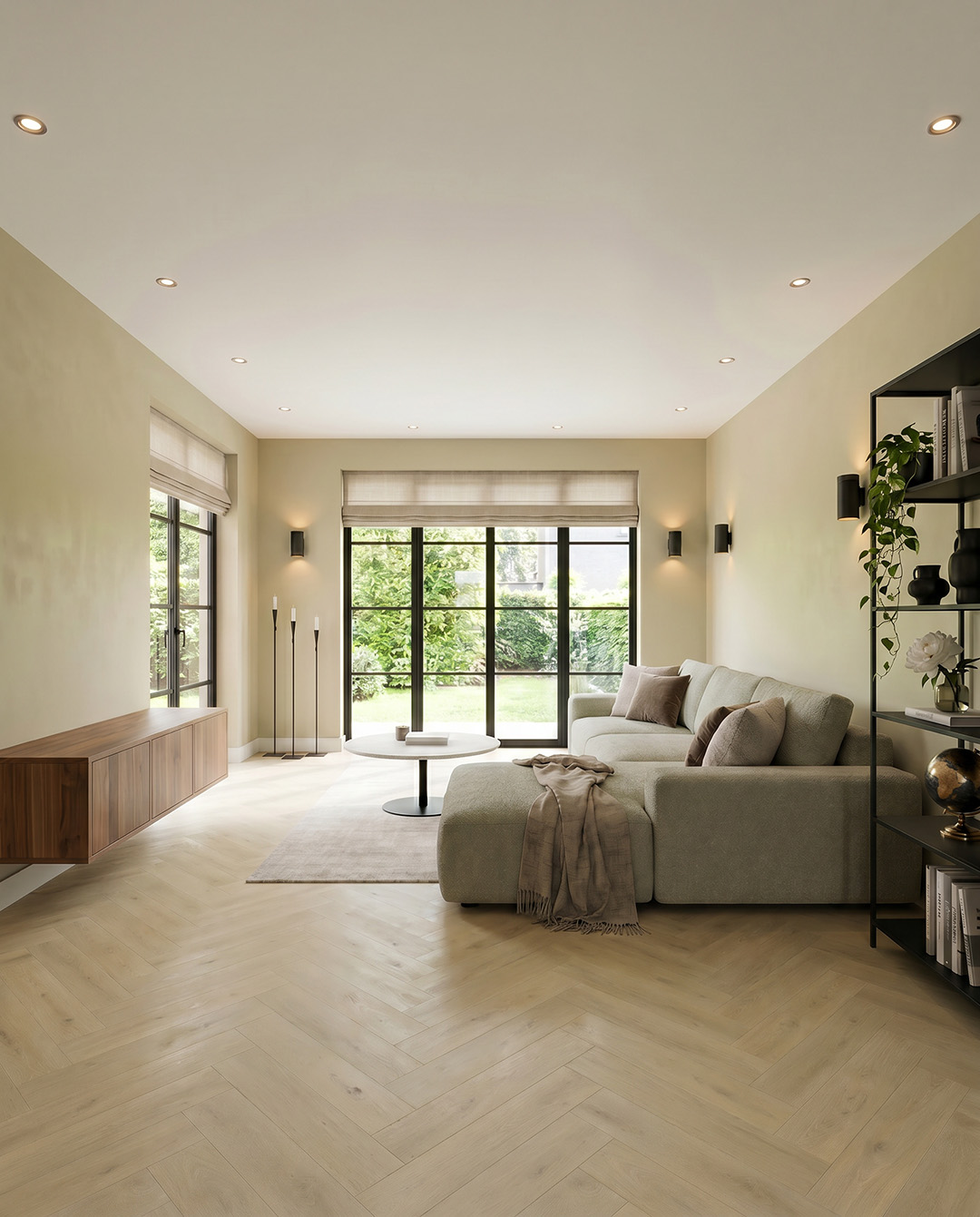 woonkamer, salontafel, bank, vloer, boekenkast
