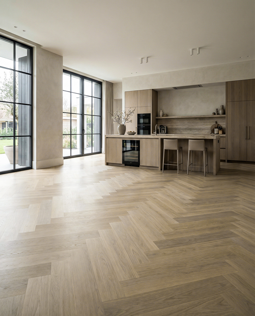 keuken, eethoek, houten vloer, open keuken, groot raam