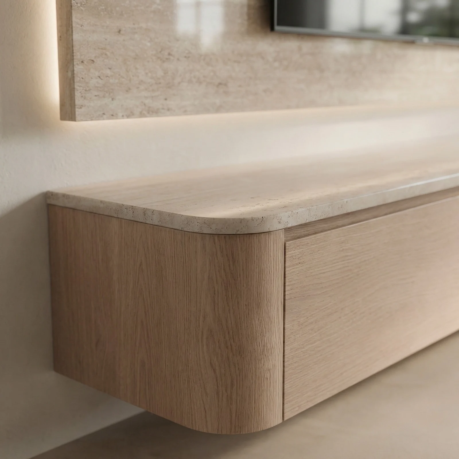 Japandi TV Meubel Rond Travertine Beige Eiken