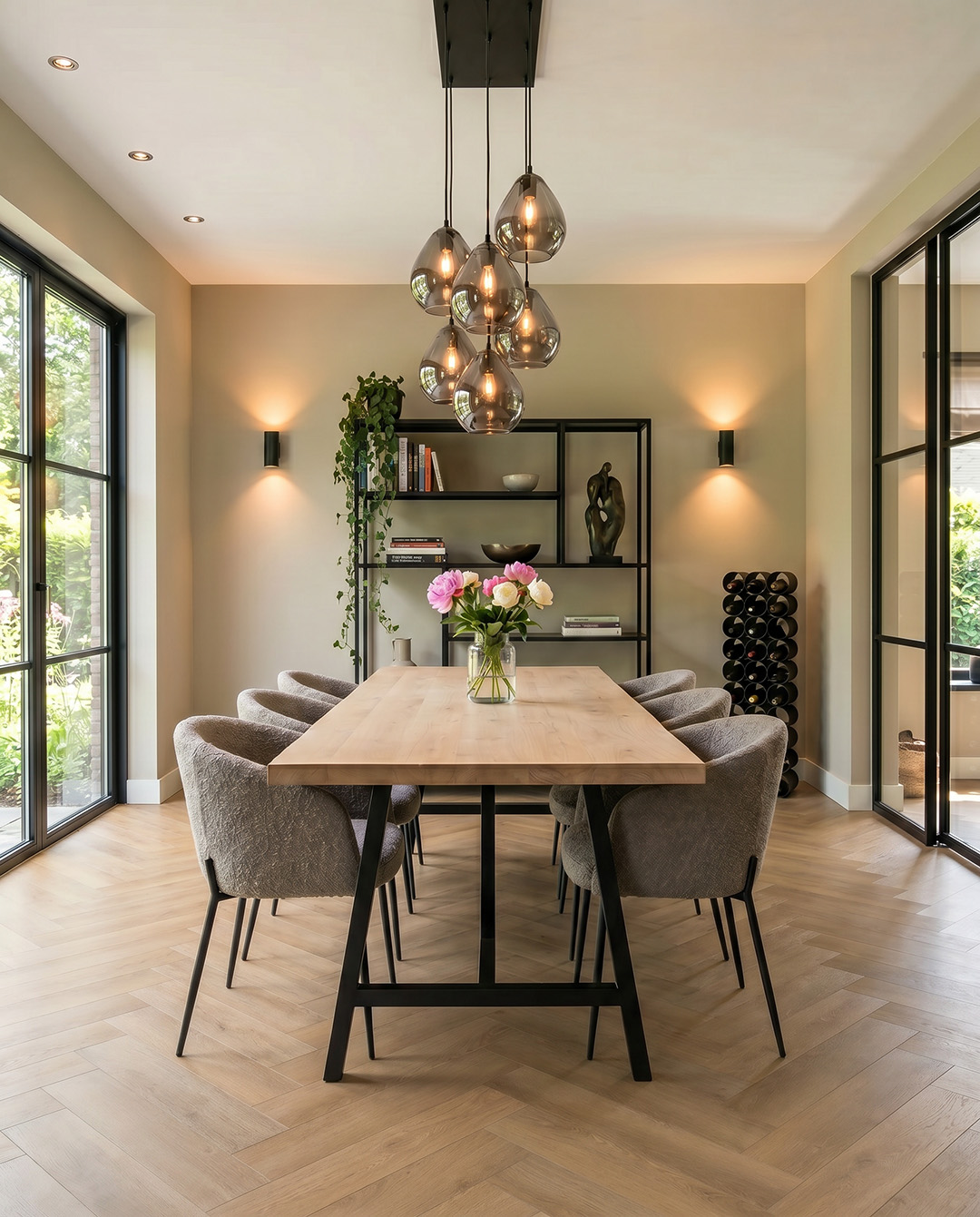 eettafel, houten tafel, houten blad, zithoek, hanglampen