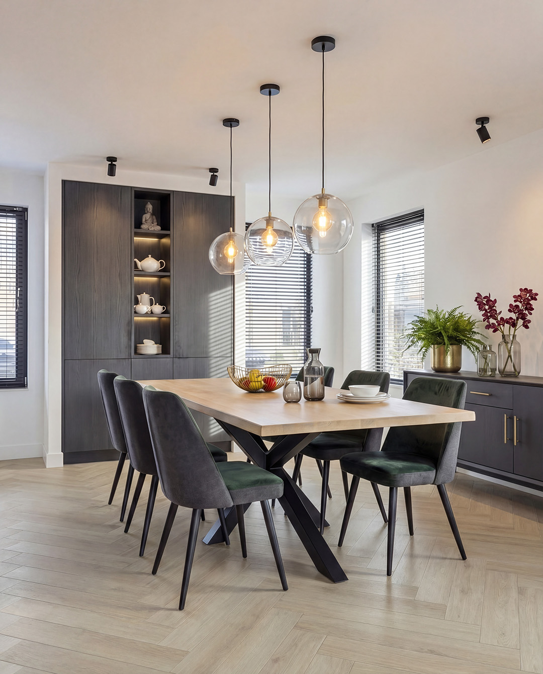eettafel, houten tafel, vierkante tafel, pendelverlichting, stoelen set