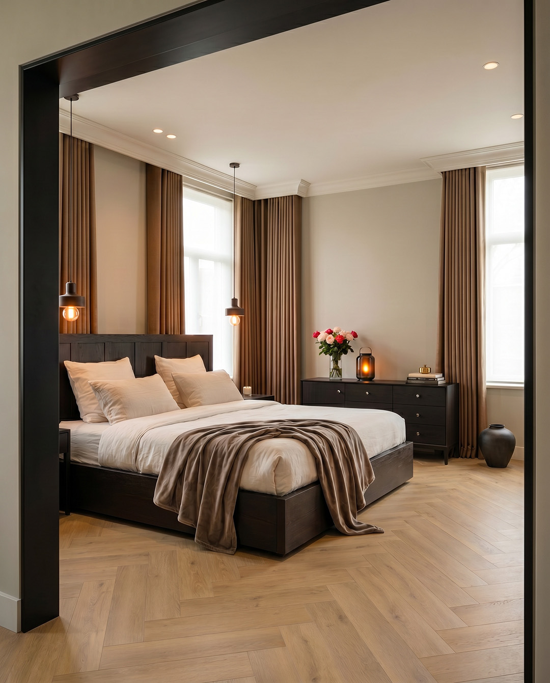 bed, king bed, brown, wood, bedroom decor