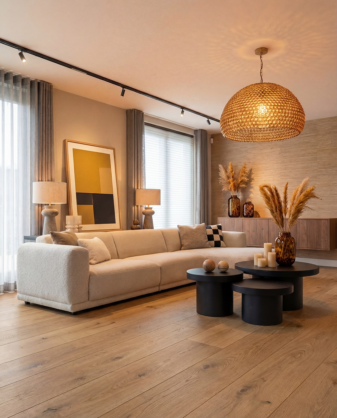 woonkamer, bank, houten vloer, pendellamp, decoratie