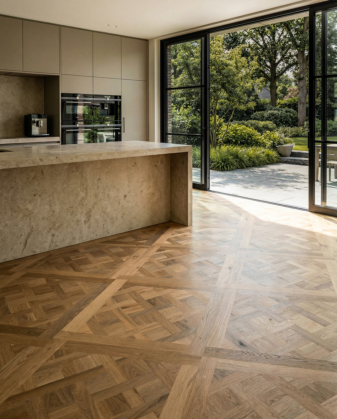 keuken, eiken vloer, houten vloer, inbouwapparatuur, landelijke tuinuitzicht