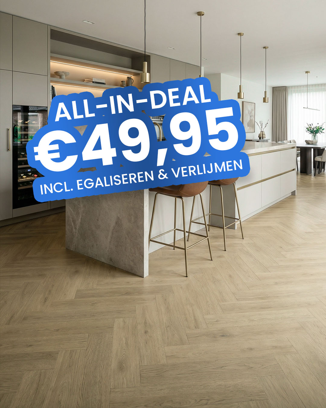 keuken, eiland, houtenvloer, barstoelen, moderne inrichting
