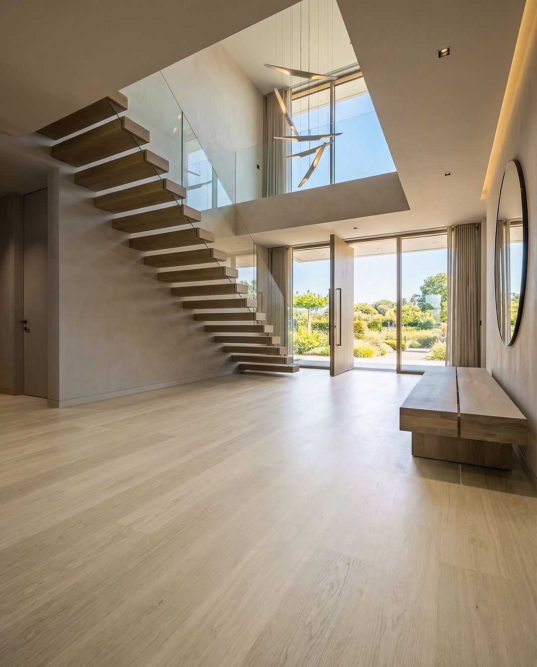 interieur, trap, open ruimte, glazen leuning, houten treden