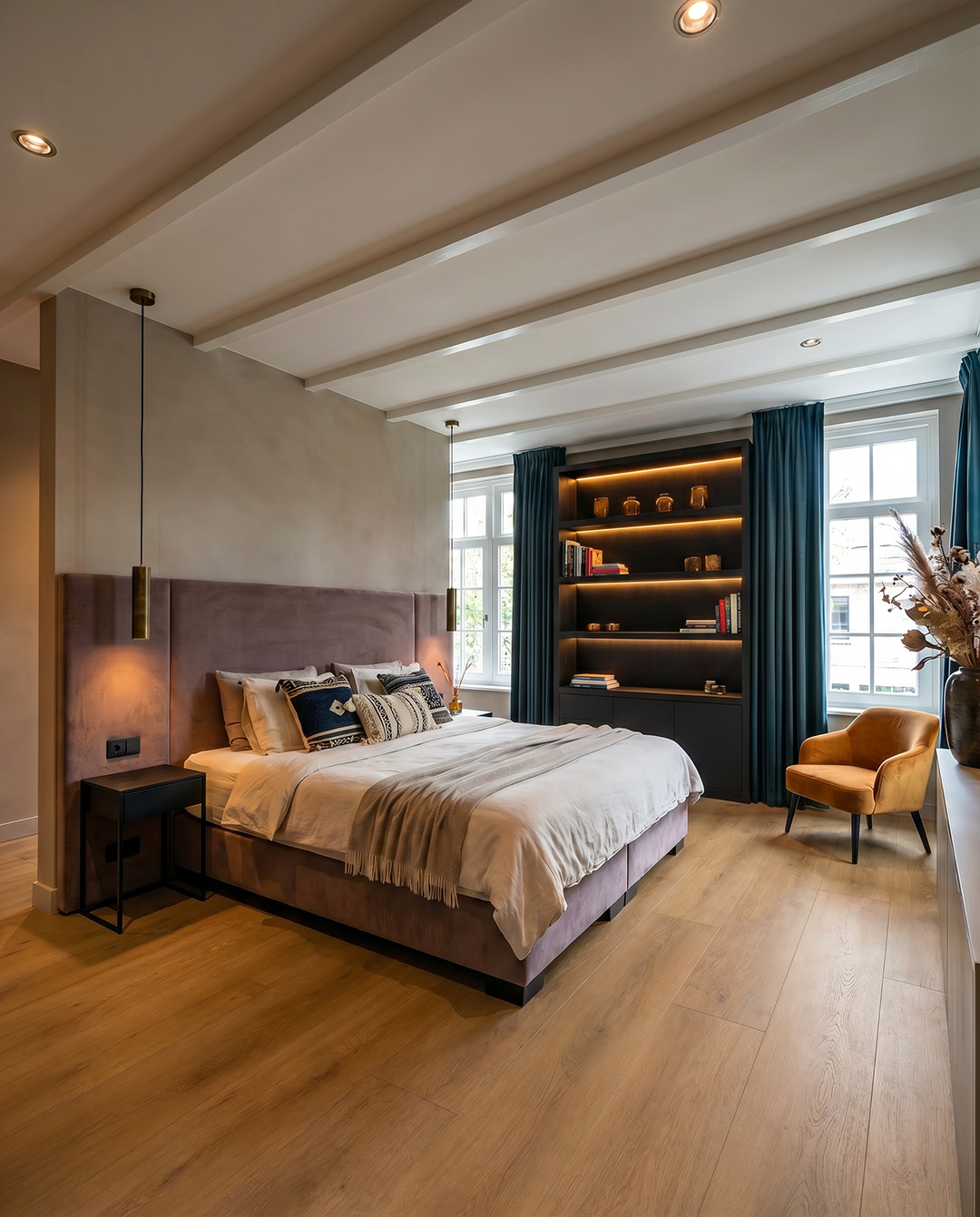 bed, masterbedroom, natuurlijke-licht, boekenkast, large-wardrobe