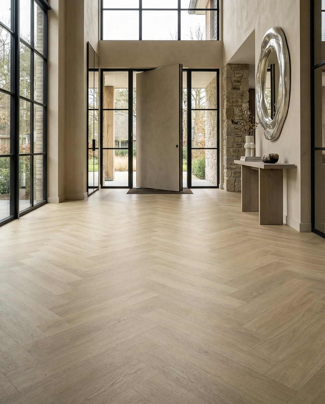 houten vloer, visgraat, inrichting, hal, entree