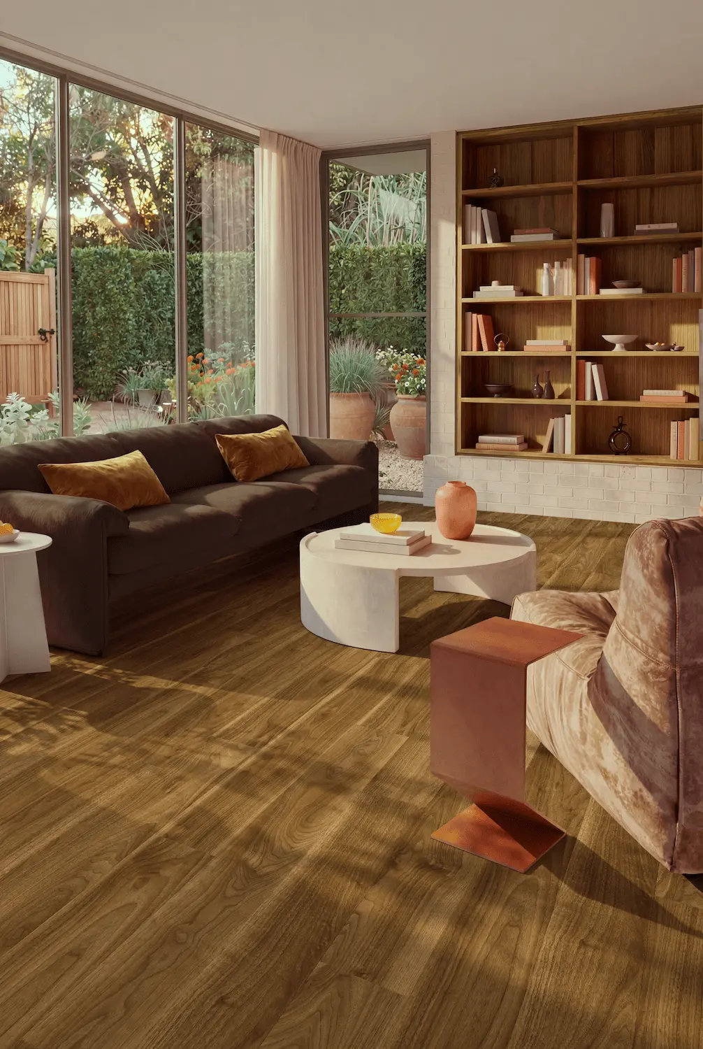 living room, sofa, coffee table, bookcase, houtenvloer