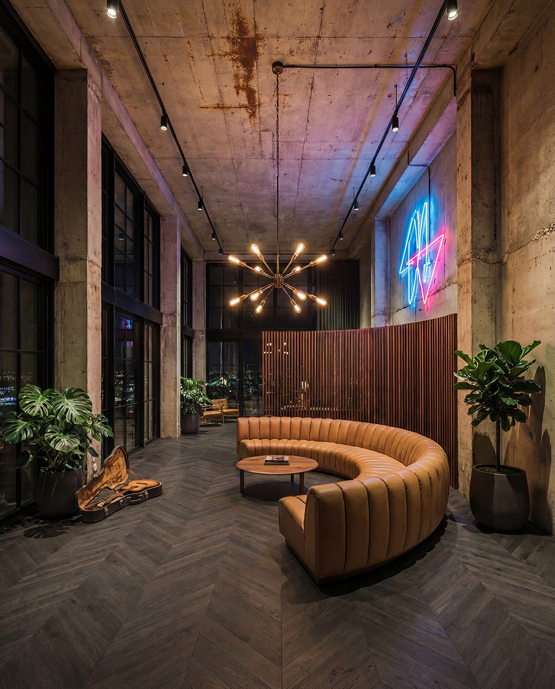 sofa, bank curved, leer, lounge, interieurverlichting