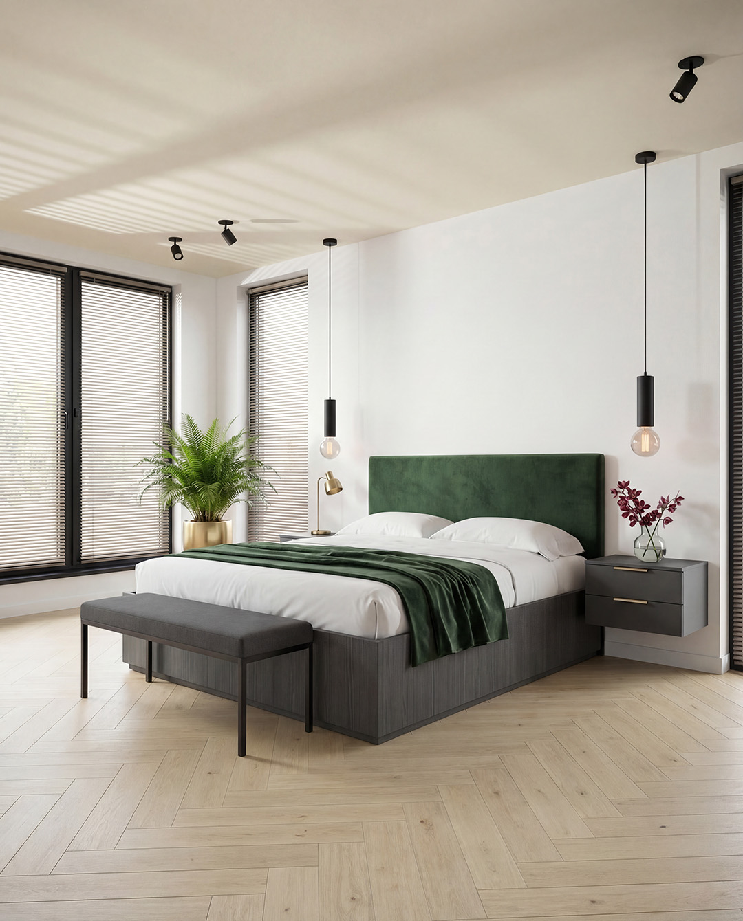 bed, king bed, green headboard, nightstand, bench