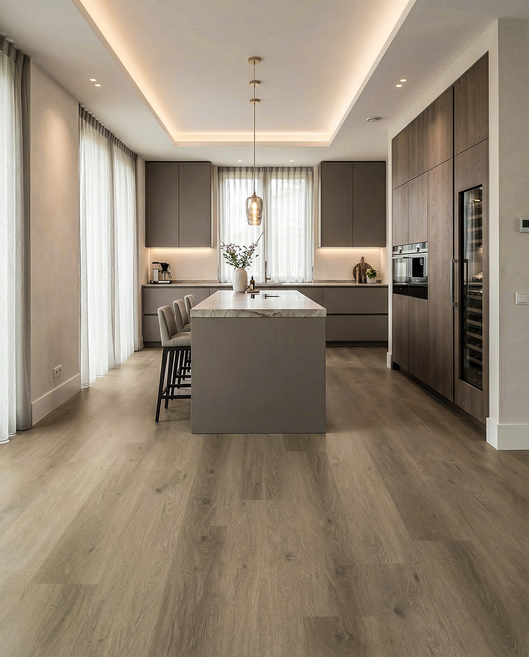 keuken, eiland, kookeiland, houten vloer, moderne keuken