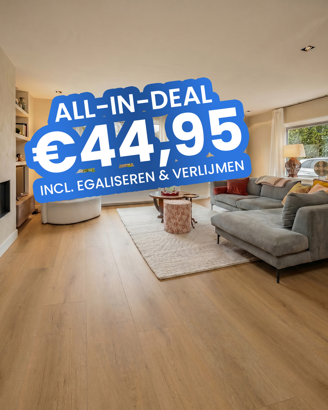 woonkamer, houten vloer, bankstel, salontafel, vloerkleed
