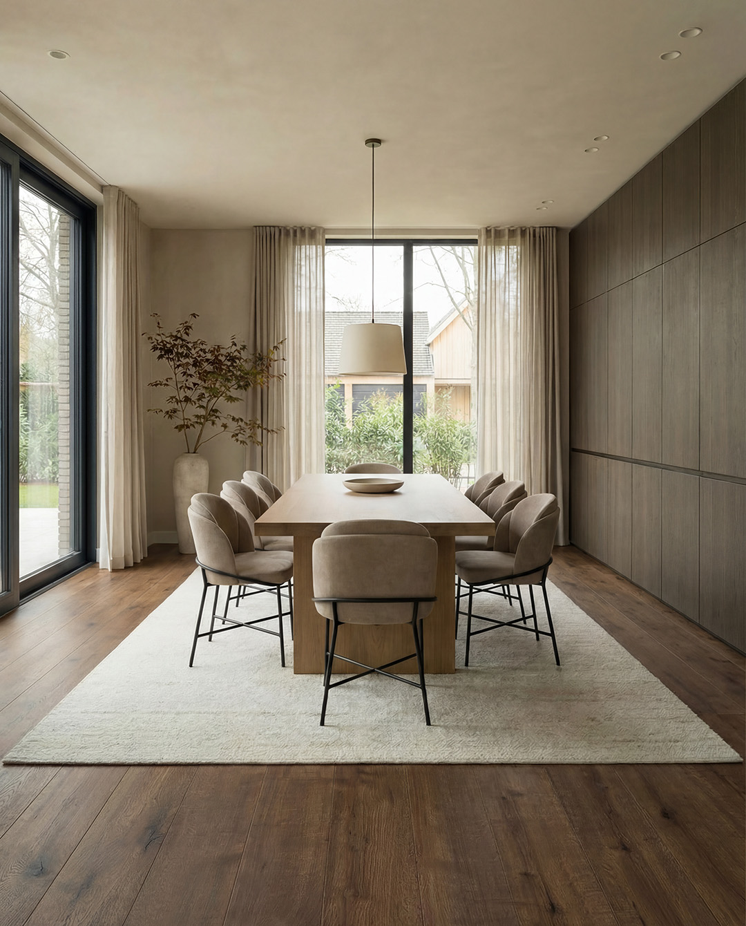 eettafel, kleine-eettafel, neutrale-kleur, houten-onderstel, bankett-stoelen