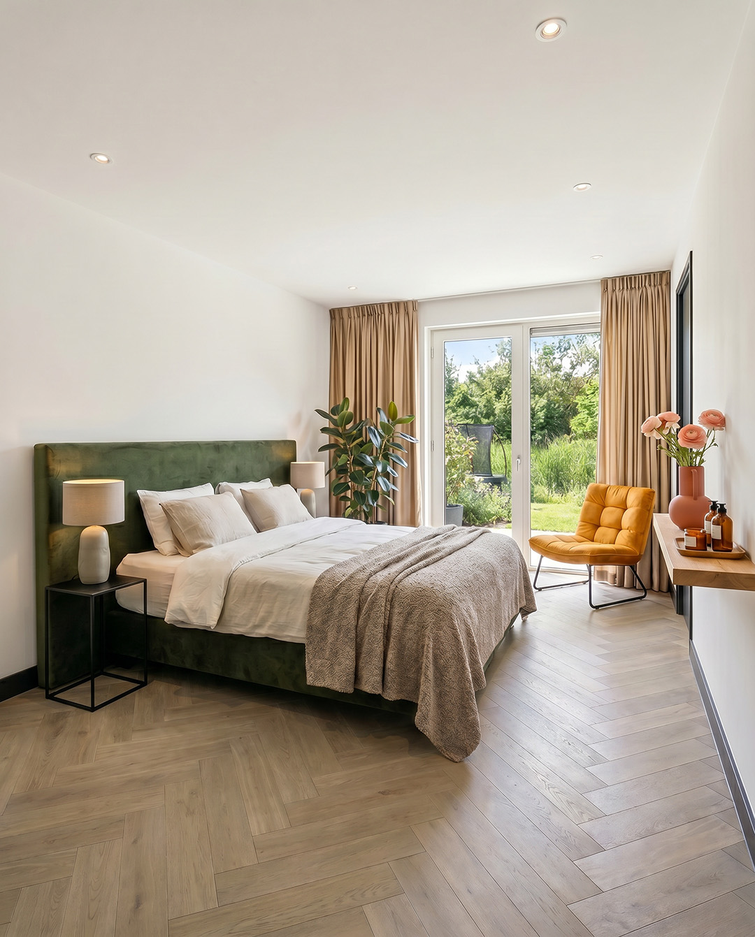 bed, slaapkamer, groene hoofdbord, linnen, gordijnen