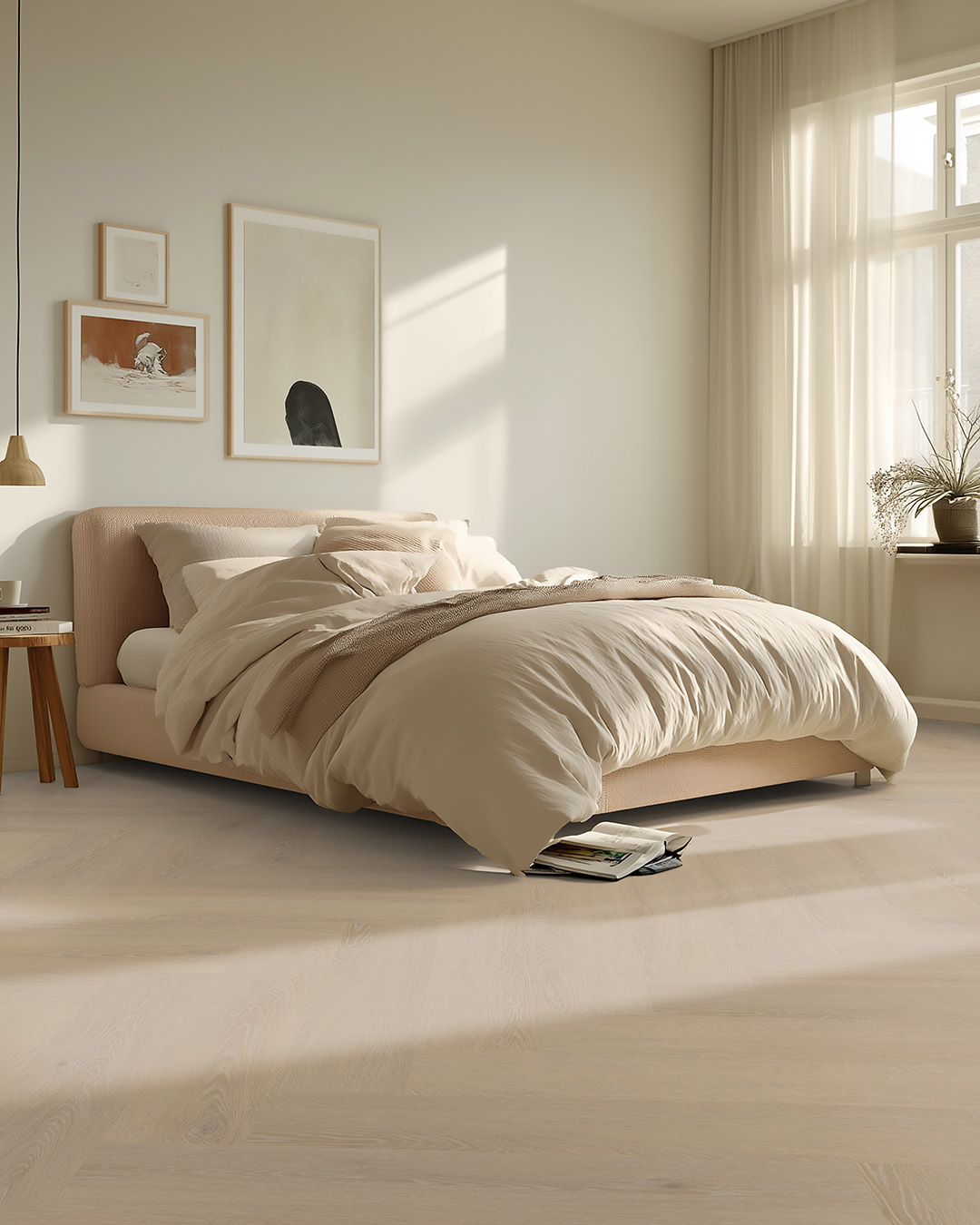bed, bedroom, duvet, light beige, laminated floor