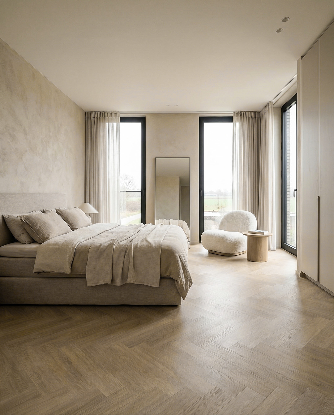 bed, viering, neutrale kleuren, houten vloer, slaapkamer