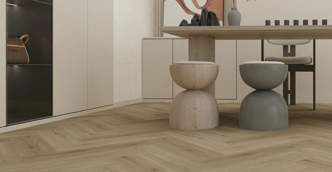 eettafel, houten tafelpoot, vloerdelen, stoelen, keuken
