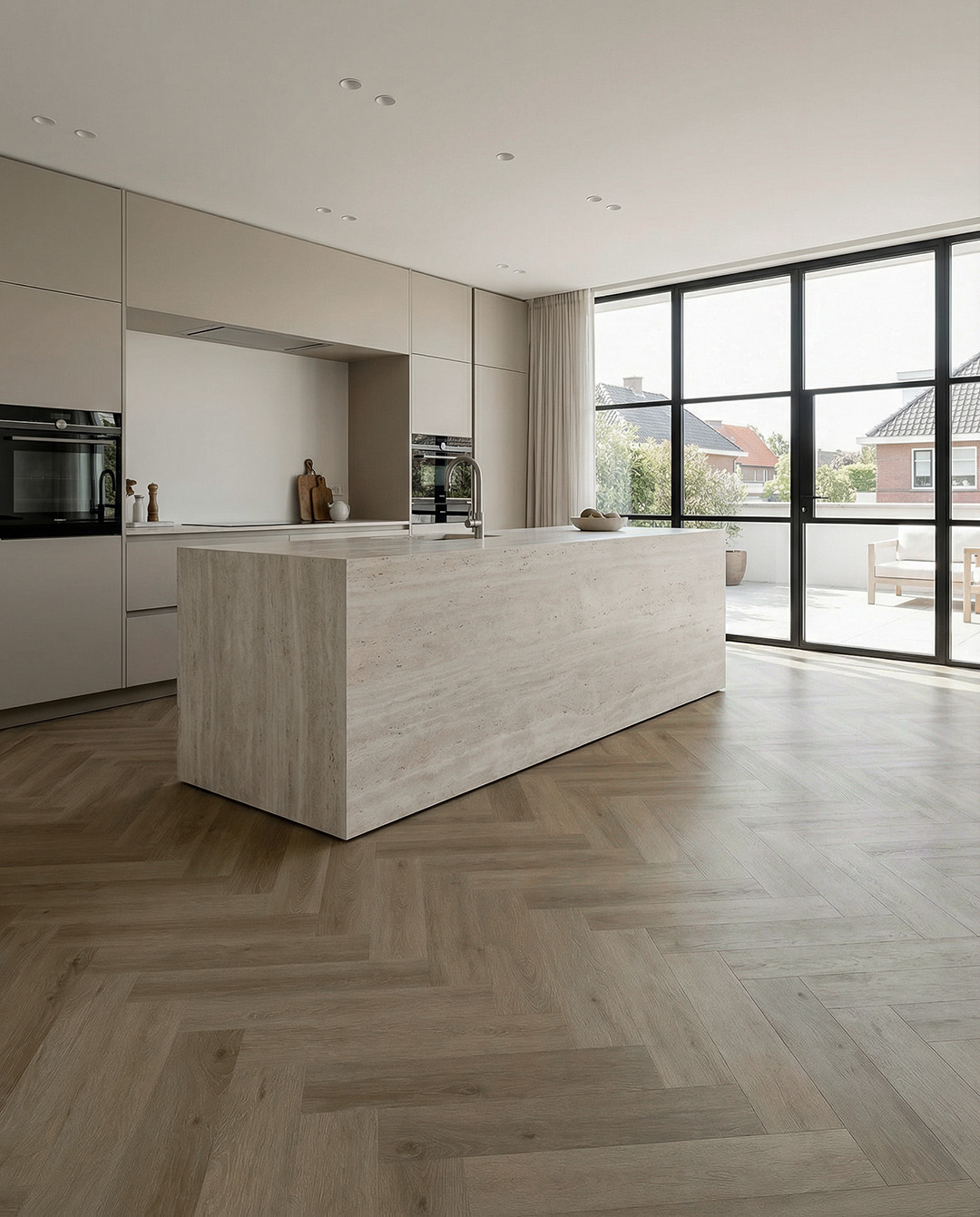 keuken, eiland, kastenkasten, graniet, houten vloer