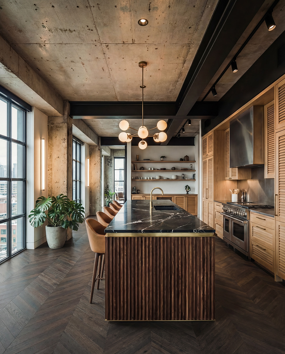 keuken, eiland, marmer, houten_kasten, industrieel