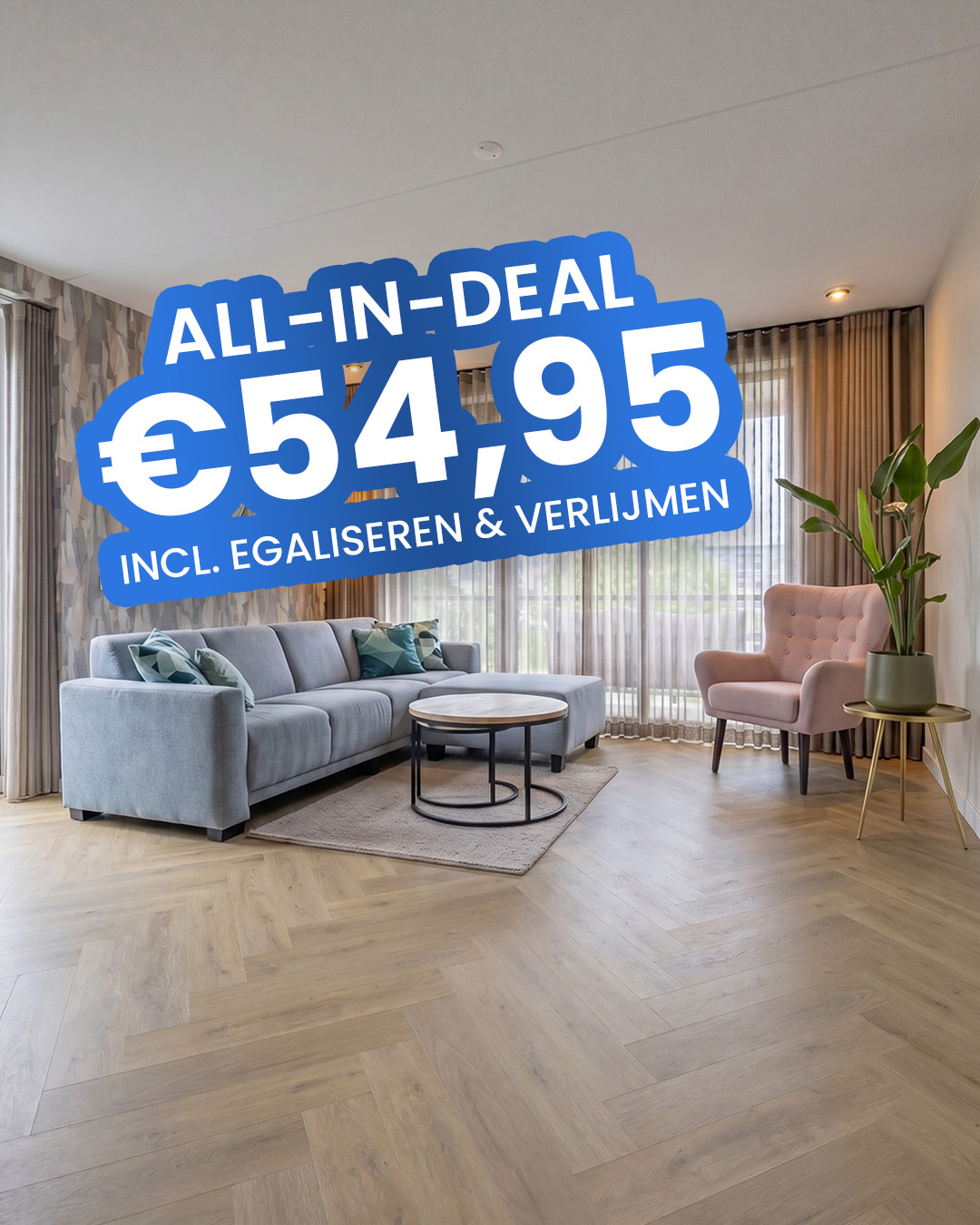 woonkamer, bank, salontafel, houten vloer, kamerplant