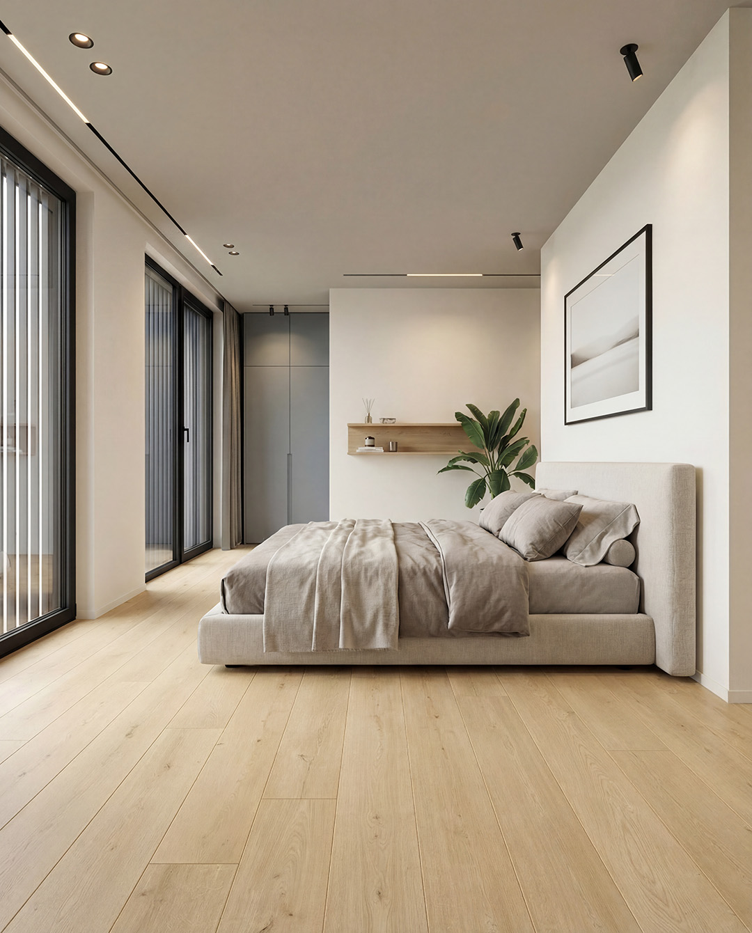 bed, bedroom, linen, beige, laminate floor