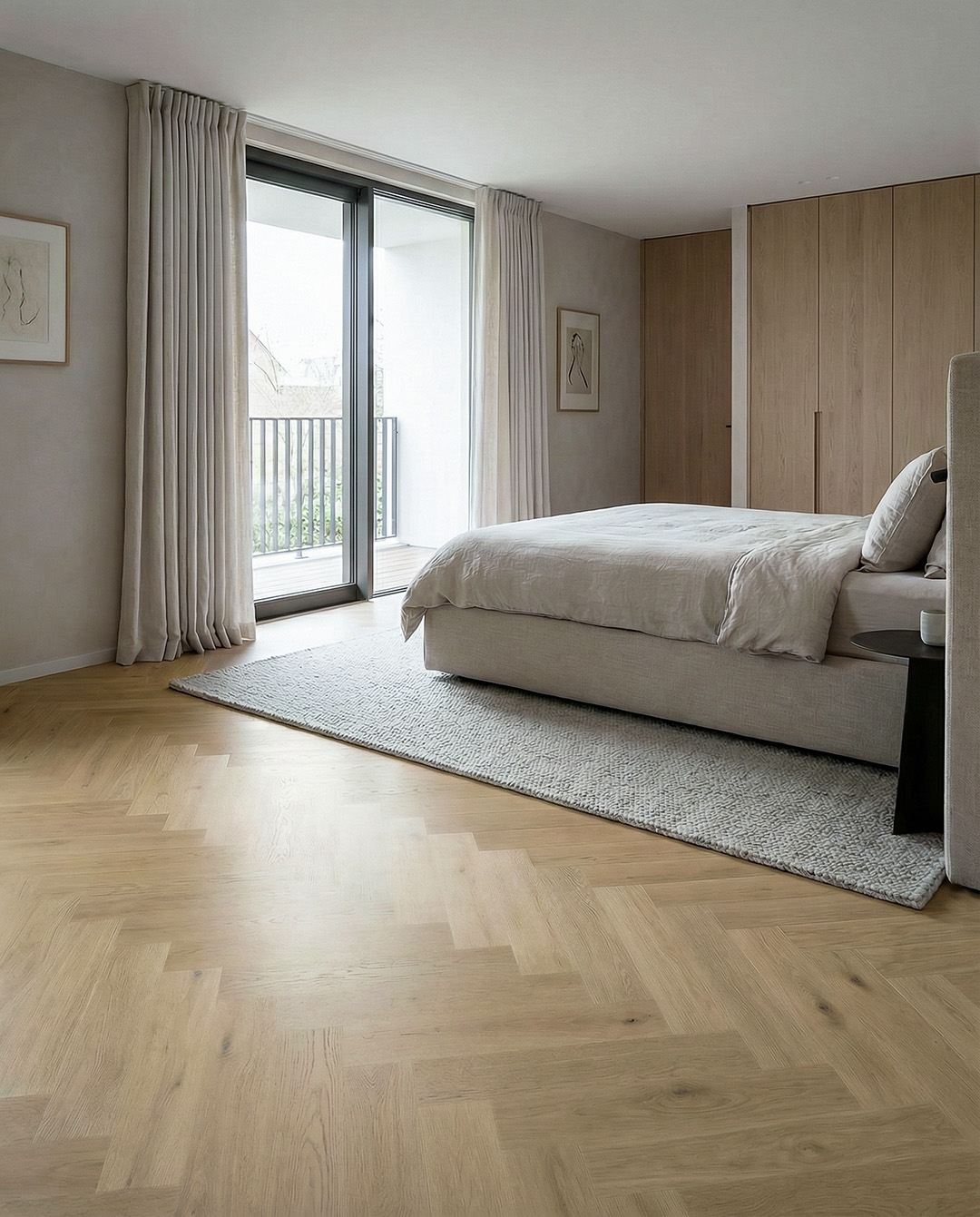 bed, slaapkamer, neutrale kleuren, houten vloer, kledingkast